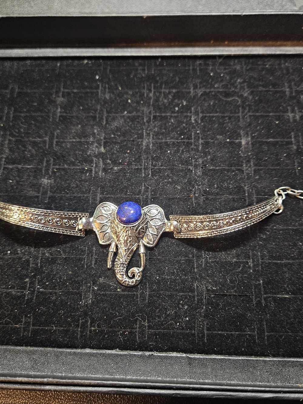Silver Elephant  Bracelet with Blue Stone